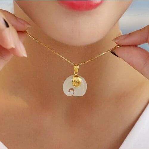 Gold Jade Pendant Necklace Drop Shipping Hetian Jade Elephant Pendant Lucky Amulet 24K Gold Jewelry For Women Men