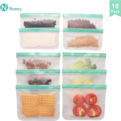 10pcs Food Fresh Bags Reusable Silicone Bag Leakproof Ziplock Storage Refrigerator Saran Wrap Transparent Pocket for Kitchen
