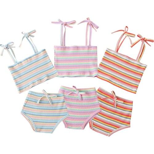 2021 Toddler Baby Tracksuit Summer Stripe Tied Spaghetti Straps Vest + High-Waist Pantie Suit Girls Clothes Set Outfit Suit