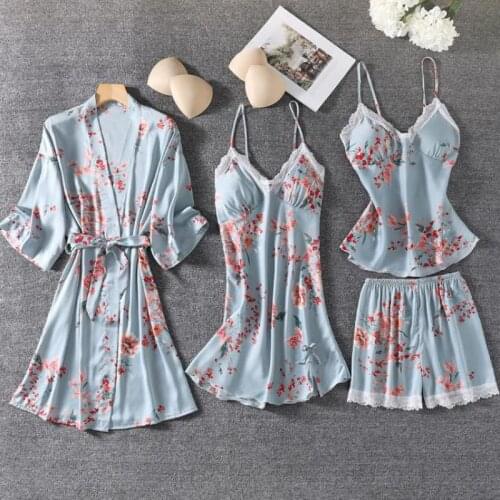4PCS Print Robe Gown Sets Women Lace Sleepwear Sleep Suit Spring Silky Satin Kimono Nighty Bathrobe Strap Nightgown Pijamas