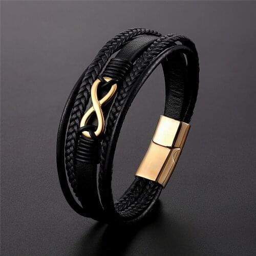 New Multi-Layer Genuine Leather 8 words Bracelet For Men Stainless Steel Magnetic Clasp Fashion Bangles Male Jewelry Pulseira