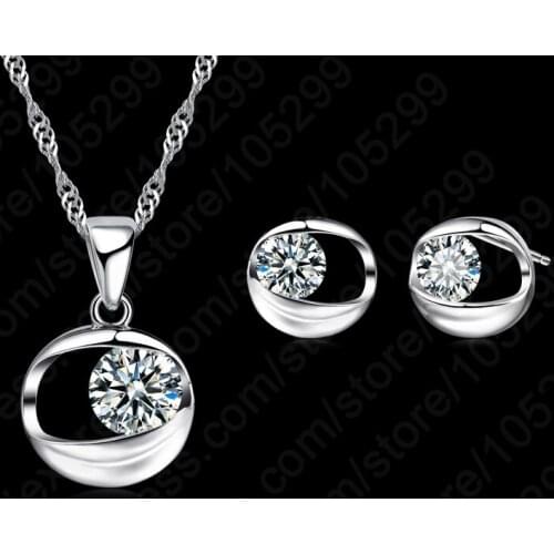 Fast Shipping 925 Sterling Silver New Fashion Cubic Zirconia Bridal Wedding Jewelry Sets Necklace+Earrings For Women