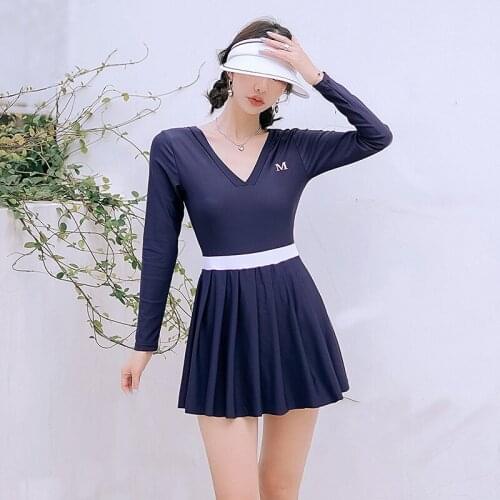 V Neckline One Piece Long Sleeve Swimsuit For Pool Plus Size Swimwear Swimdress With Skirt Bathing Suit Women Swimming Suit