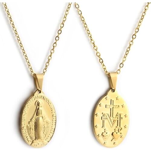 Gold Steel Virgin Mary Jesus Christ Necklace Ave Maria Holy Mother Amulet Pendant Necklaces Tain Chains Christian Jewelry Gifts