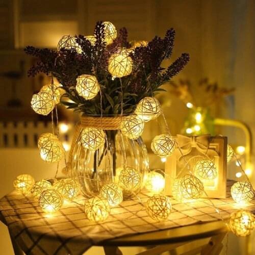 2M 20 LED Globe Rattan Ball String Lights Battery Operated Wire Starry Fairy Lights Party Garland Christmas Festival Decoration