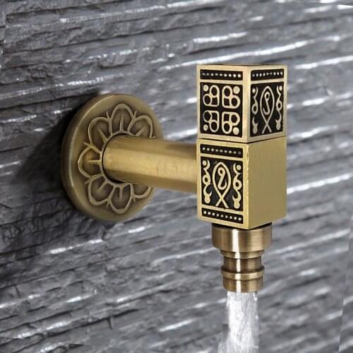 Retro Carved Gold Brass Bibcock Wall Mount Faucet Washing Machine Single Cold Tap Luxury Decorations For Outdoor Garden Bathroom
