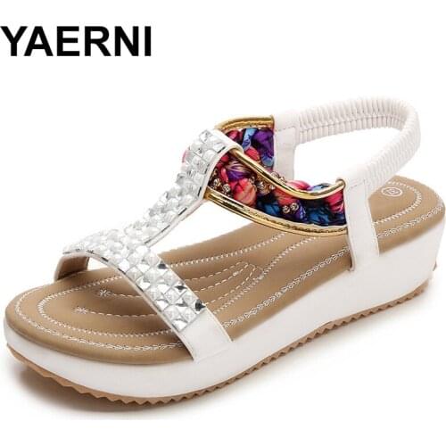 YAERNI 2019 summer new fashion bohemian style sandals women comfortable rhinestone decorative thick sole casual sandalsE1175