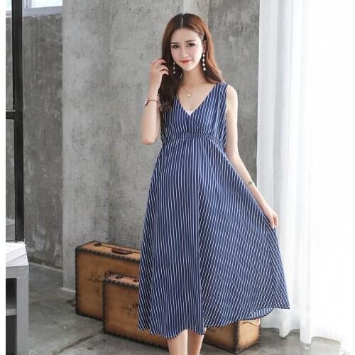 Summer Women Maternity Dresses for Pregnant Women Loose Clothing Maternity Fashion Stripe Home Mother Clothes Dress