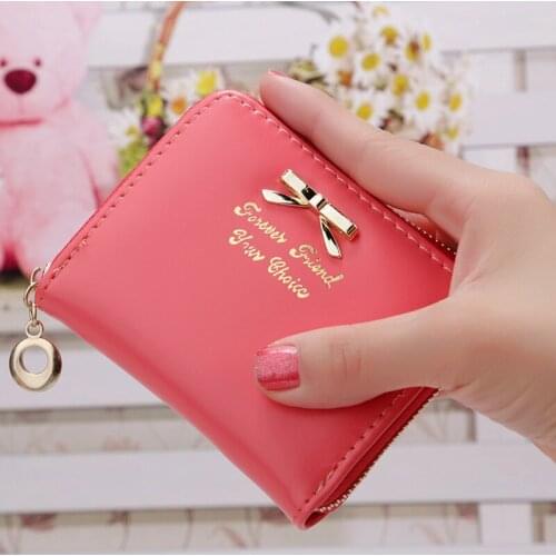 Fashion Bow Coin Purse Printed PU Mini Card Holder Zipper Girls Kids Handbag Cute Lolita Money Clutch Bag Hand Strap Wallet Gift