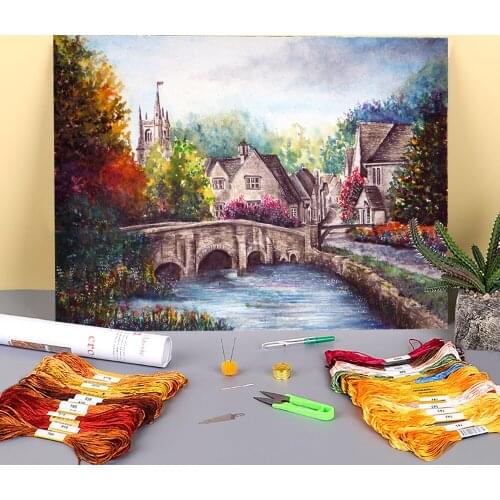 Natural Scenery Castle Combe Printed Water-Soluble Canvas 11CT Cross-Stitch Full Kit Embroidery DMC Threads Craft Gift