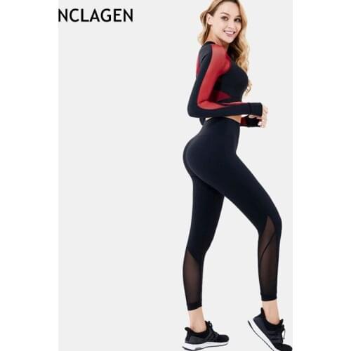 NCLAGEN Autumn Mesh Stitching Yoga Set Long Sleeve Active Wear Women Sexy Gym Sport Workout Running Fitness Two-piece Set