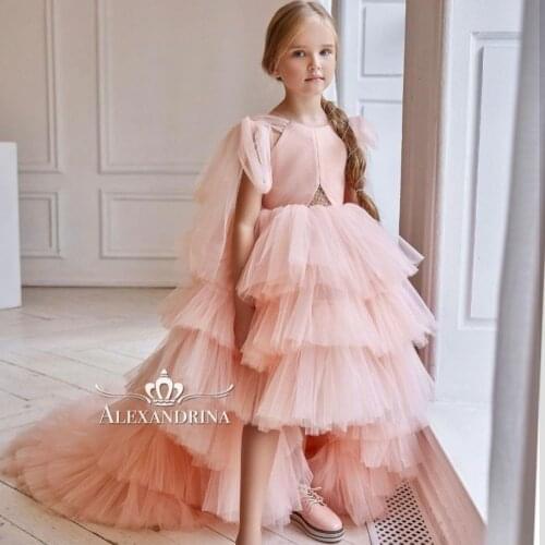 Tiered Skirts Princess Flower Girl Dresses High Low Sweep Train Girls Birthday Party Dress Christmas First Communion Gowns