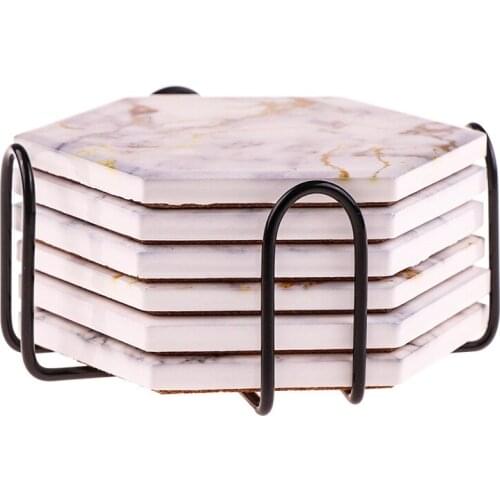 6Pcs Coasters for Drinks Absorbent with Holder Marble Design Ceramic Coaster Set Super Absorbent Hot&Cold Drink Coasters