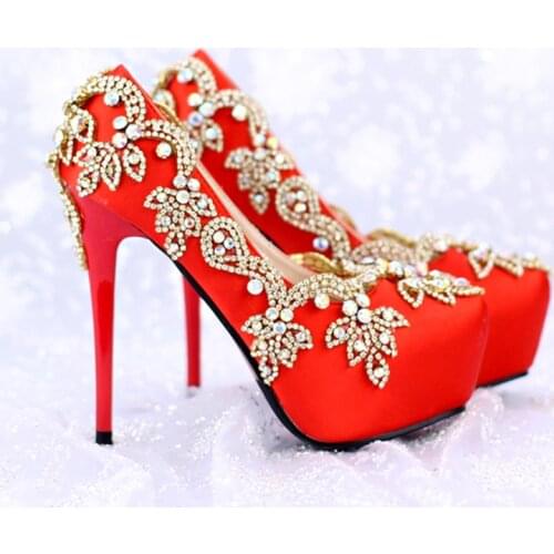 Luxurious Rhinestone Bridal Shoes Special Crystal Red Satin Wedding Shoes Event High Heels Platform Party Prom Pumps size 39