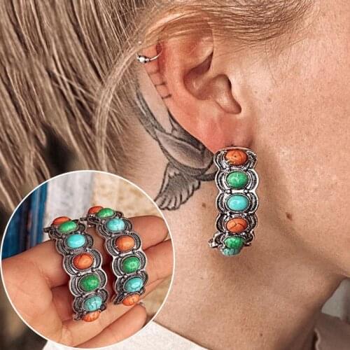 Boho Multicolor Turquoises Stone Earrings Ethnic Jewelry Half Round Antique Metal Blue Orange Beads Earring for Women