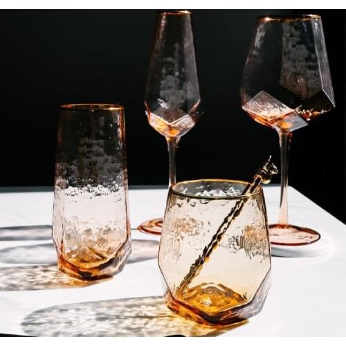 Glass Drinkware Geometric Wine Glass Cups Hammered Lead-Free Champagne Glass Gold Side Red Wine Goblet Glass Juice Water Glasses