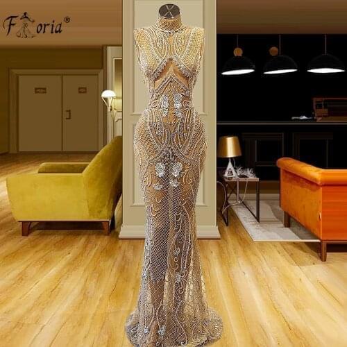 Full Beaded Lace Evening Dresses Handmade Crystals Saudi Arabia Illusion Prom Dress Dubai Formal Party Gown Robe De Soiree