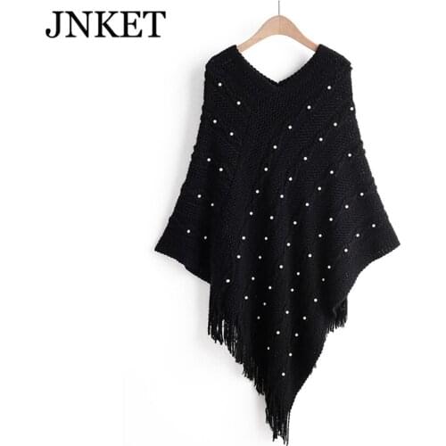 JNKET Womens Elegant Fringed Pullover Shawl Wrap Knitted Poncho Cape with Beaded Decor