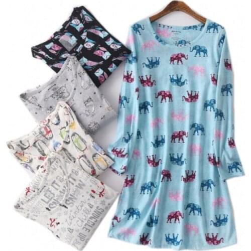 Spring Autumn Female Casual Cartoon Nighty dress Ladies Soft 100% Cotton Nightgown Women Long Sleeve Round collar sleepshirts XL