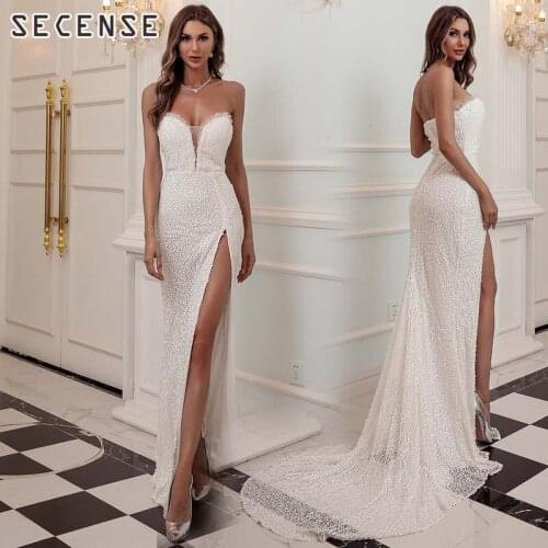 Women Evening Party Dresses Sexy Deep V High Split Backless Sequinned Celebrity Floor-Length Maxi Dress Ladies Skirt SECENSE