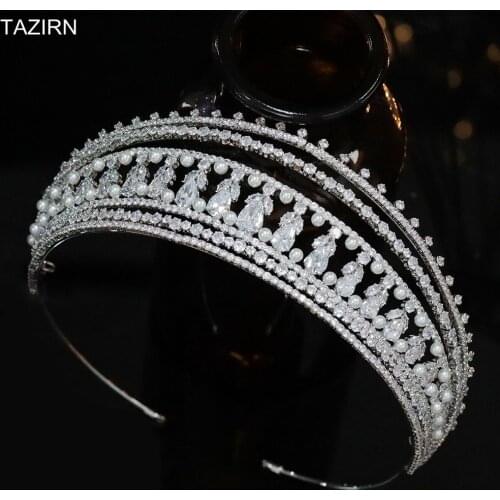 Trendy Tiaras Pearls Princess Crowns CZ Women Wedding Headpiece Zircon Fashion Bead Jewelry Hair Accessories Birthday Headwear