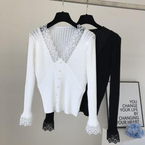 Lace sleeve sweater women autumn women sexy v-neck lace knitted pull femme pullover
