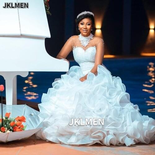 Graceful African Ruffles Mermaid Wedding Dresses High Neck Sheer Long Sleeve Bridal Gown White Beads Vestidos De Novia 2021