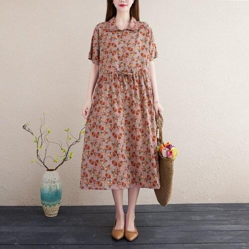 Cotton Linen Lace Turn-down Collar Fashion Women Summer Travel Casual Dress Print Floral Vintage Dress Office Lady OL Work Dress