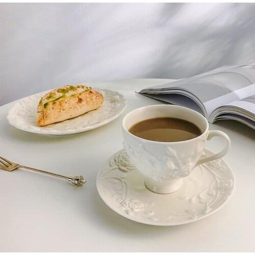 2021 Embossed Snack Plate Coffee Cup and Saucer Set Pulling Cup Afternoon Tea Cup Restaurant Coffee