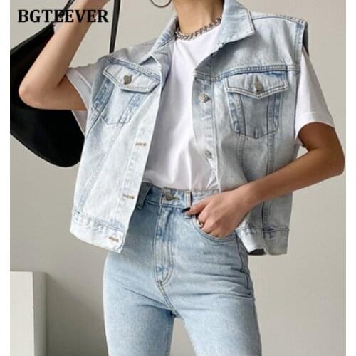 BGTEEVER Casual Loose Single-breasted Women Vest Turn-down Collar Women Jeans Jackets 2021 Autumn Female Denim Coats