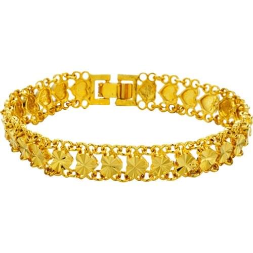 24K Gold-Plated Full Peach Heart Womens Bracelet Lovely Watch Chain for Women Wedding Bride or Bridesmaid Jewelry