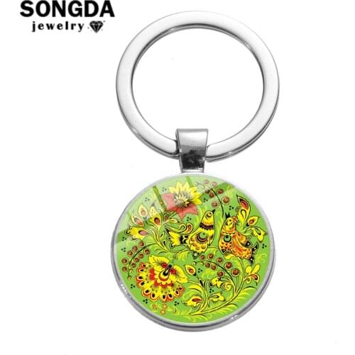 SONGDA 2019 New Bohemia Flowers Keychain Khokhloma Russian Folk Art Pattern Glass Time Gem Key Chain Women Bag Charm Handicrafts
