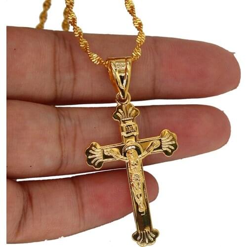 24k Gold Plated Pendant Necklace African Men Christmas Jewelry Jesus Cross Pendant for Women Catholic with 45cm Water Wave Chain