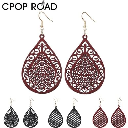 Cpop Hollow Bohomian Wooded Earrings for Women Girl Lightweight Teardrop Pendant African Statement Earrings Ethnic Jewelry Gift