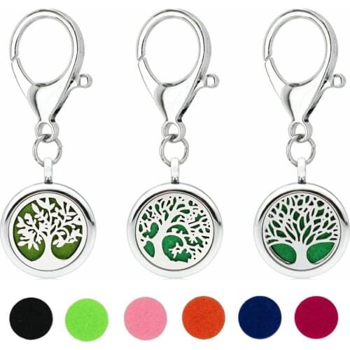Tree of Life Family Key Chain Essential Oil Perfume Diffuser 25mm Magnetic Locket with Lobster Clasp Key Ring 5pcs Pads Free