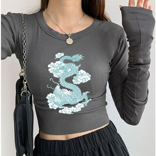 Blue Chinese Dragon Crop Top Long Sleeve Cotton Sweatshirt Women Aesthetic Two-piece Suits for Girls T Shirt Wide Leg Sweatpants