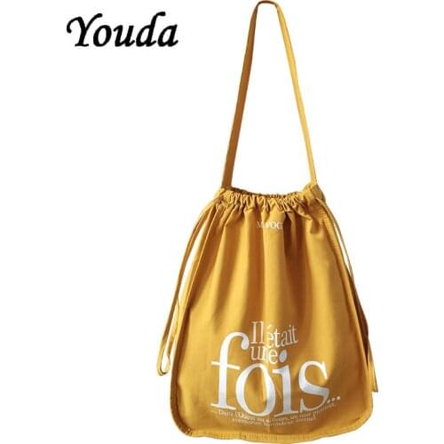 New womens Canvas Shoulder Bag Student Retro Letter Printing Female Handbag Drawstring Large Capacity Reusable Shopping Bag