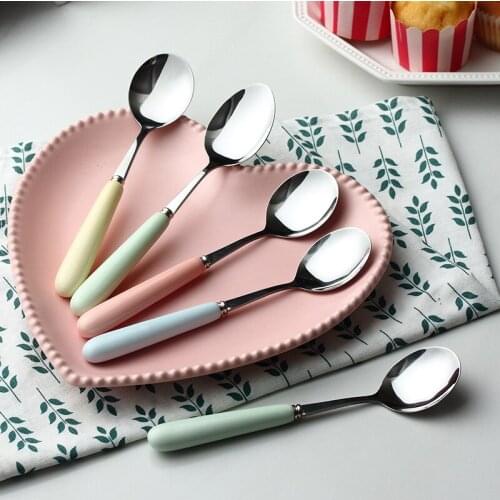2 PCS Candy color ceramic stainless steel coffee spoon creative simple solid color household environmental protection spoon