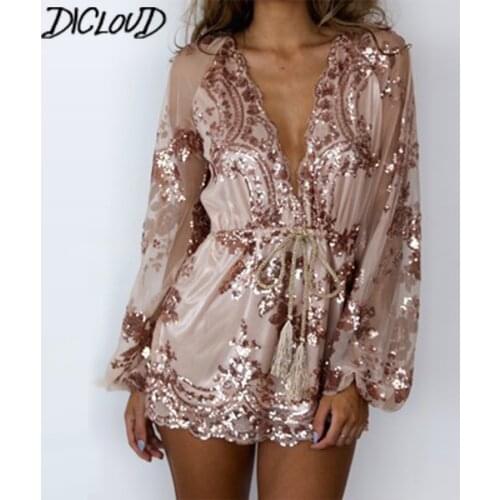 Sexy V-Neck Sequins Bodysuit Women Fashion Loose Mesh Yarn Jumpsuit Female Long-Sleeved High Waist Ribbon Flowers Playsuit