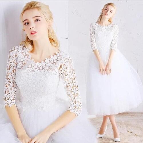 Princess Short Wedding Dress with Sleeves Lace Top Tulle Skirt Tea Length Cheap High Quality Bridal Gown