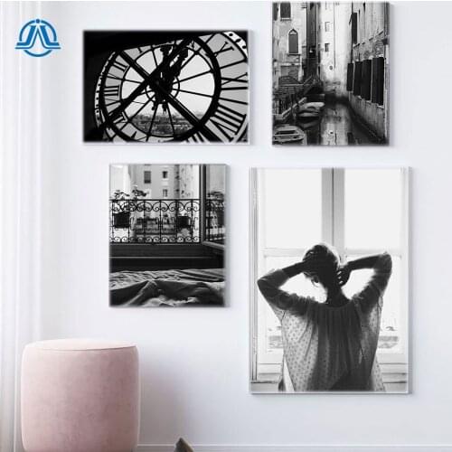 Retro Paris Clock Tower Window Girl Wall Art Canvas Painting Nordic Posters And Prints Wall Pictures For Living Room Home Decor