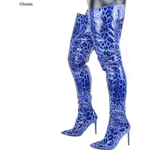 Olomm Women Winter Thigh High Boots Leopard Pattern Stiletto Heels Pointed Toe Gorgeous Brown Blue Grey Shoes Plus US Size 5-15