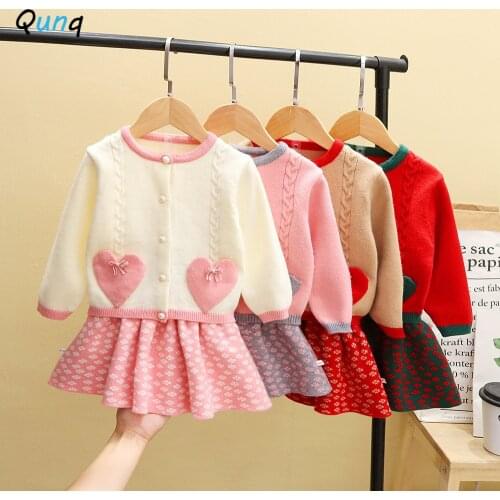 Qunq Girls Winter Spring Clothes Set Long Sleeve Sweater Coat Floral Skirt Children Clothing Suit 1 2 3 4 5 Year Kids Outfits