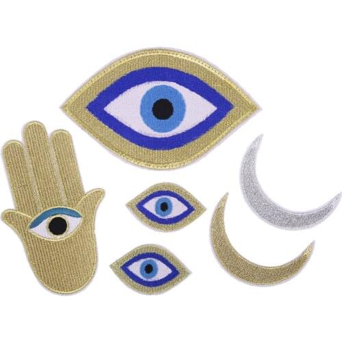 Ramadan Golden Hand of Fatima Iron on Patches for Clothing The Hamasa Hand Embroidery Appliques Eyes Silvery Moon Clothes Badges