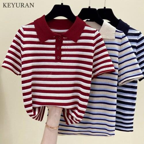 Plus Size Korean Style Stripe Turn-Down Collar Knit short-sleeved T-shirt Womens Summer Fashion Slim Knitted Tops Oversize