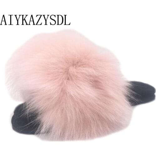 AIYKAZYSDL Luxury Natural Real Genuine Fox Fur Slippers Flat Shoes Autumn Winter Warm Fluffy Comfy Furry Sandals Slides Mules