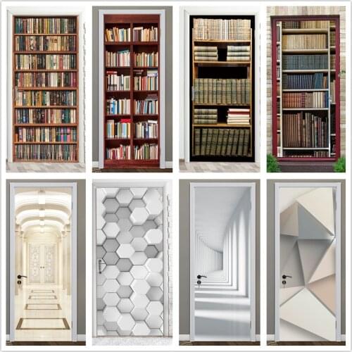 Retro Library Bookshelf Door Sticker DIY PVC Waterproof Self Adhesive Wallpaper Stickers on the Doors Home Decor Poster Decals