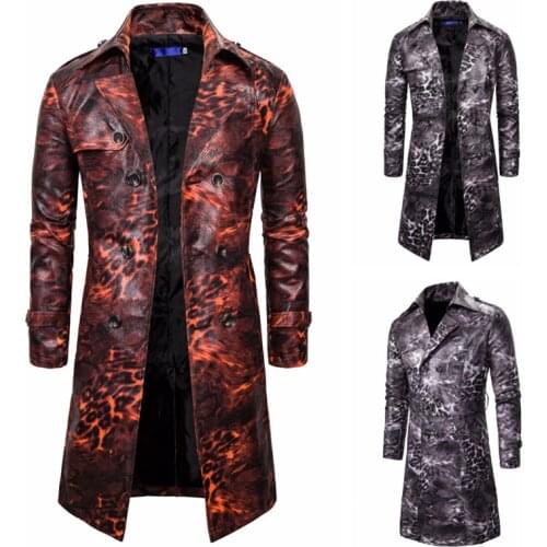 Trench Long Coat Men Casual Leopard Printed Double-breasted Slim Mens Jackets And Coats Outerwear