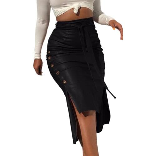 New Fashion Women Ladies Casual Faux Leather Midi Skirt Female High Waist Button Trim Slit Bodycon Pencil Skirt with Belt Black