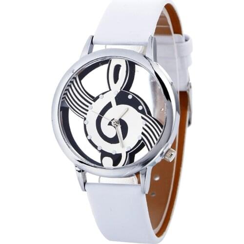 Lady Womans Wrist Watches simple casual Engraving Hollow stylish Musical Note Painting Leather Bracelet lady bracelet watches @F